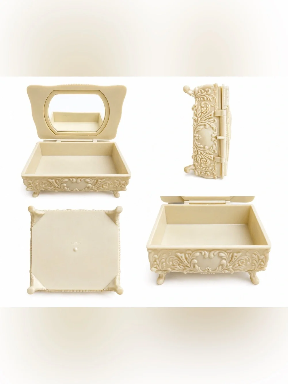 Vintage Ivory Style Ornate Jewelry Box w/ Mirror Romantic Relief Trinket Box